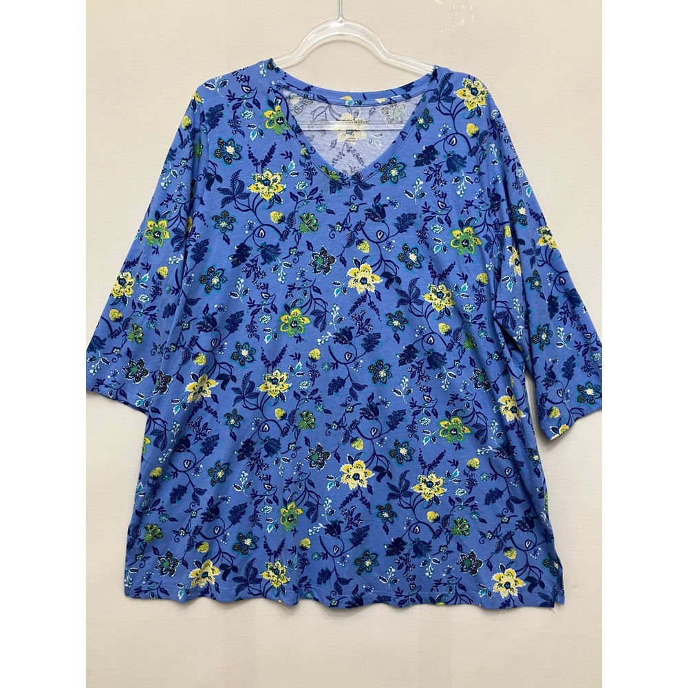 Woman Within Blouse Size 1X Blue Colorful Floral V-Neck Casual Stretch Pullover